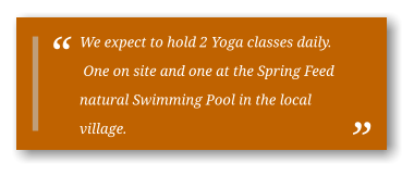 We expect to hold 2 Yoga classes daily.  One on site and one at the Spring Feed natural Swimming Pool in the local village. 